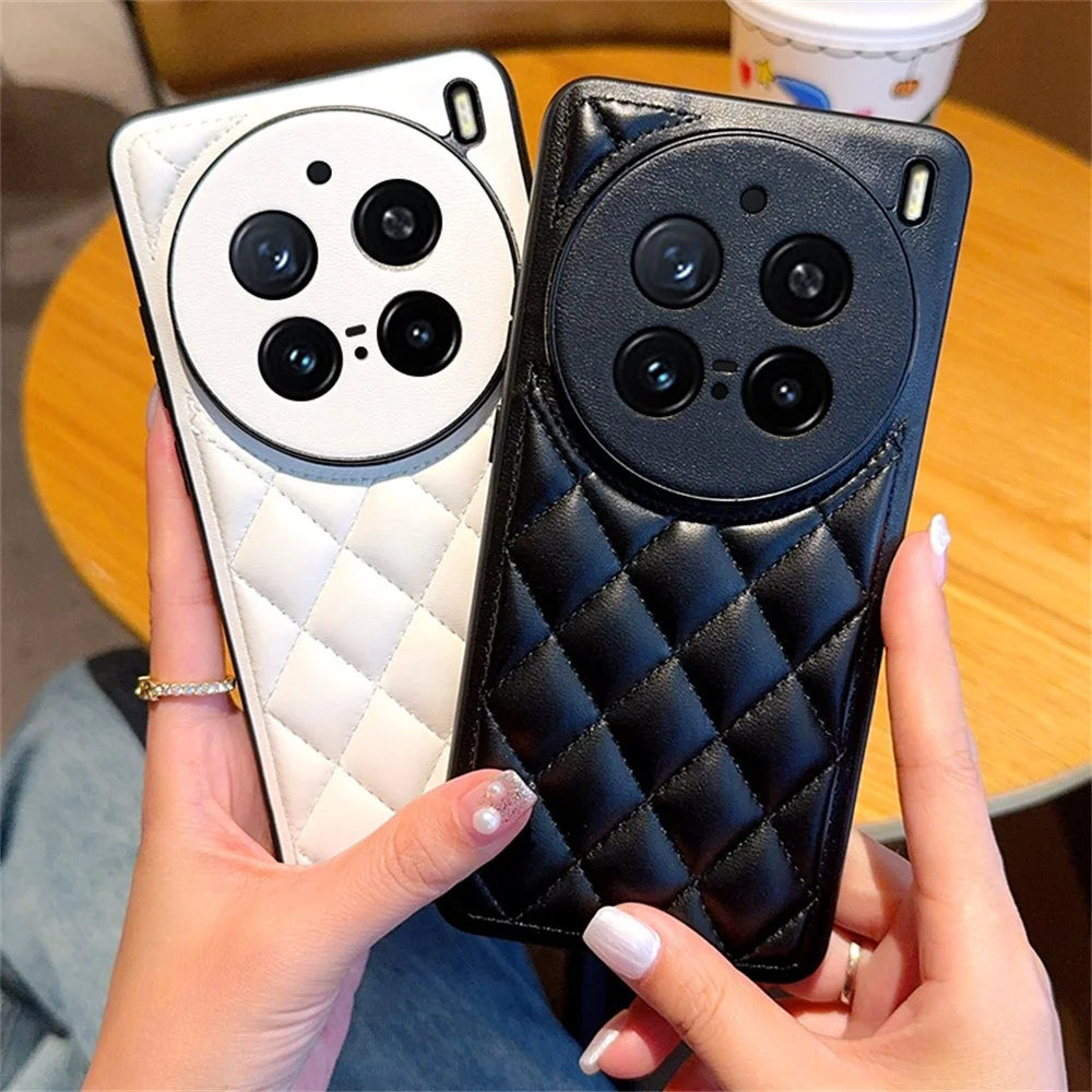 For vivo X200 Pro 5G Case Rhombus Stitching PU Leather + TPU Shockproof Phone Cover - White - 6