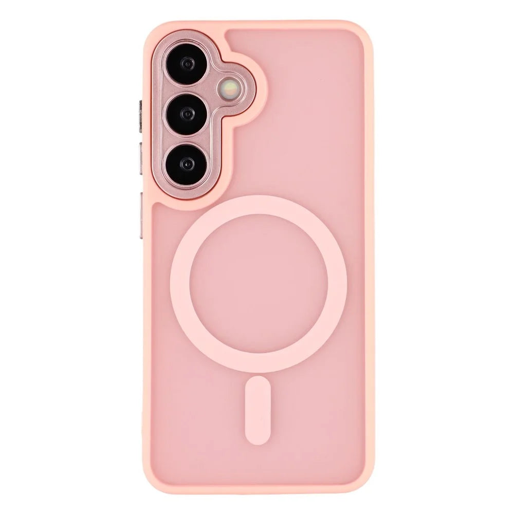 For Samsung Galaxy S25+ Magnetic Case PC + TPU Matte Phone Cover with Glass Lens Film - Pink - 1