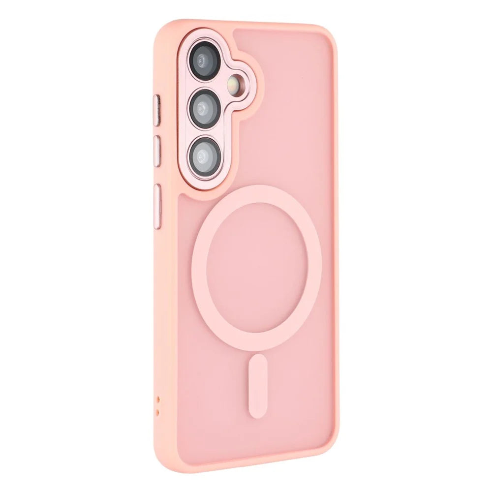 For Samsung Galaxy S25+ Magnetic Case PC + TPU Matte Phone Cover with Glass Lens Film - Pink - 3