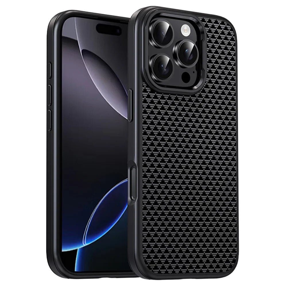 IPAKY For iPhone 16 Pro Case Carbon Fiber Texture PC + TPU Shockproof Phone Back Cover - Titanium Black - 1