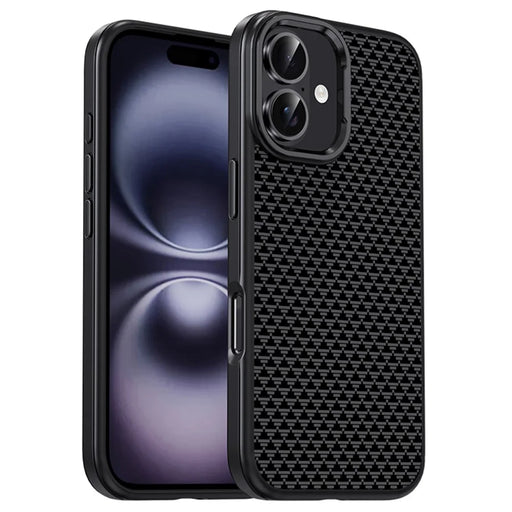 IPAKY For iPhone 16 Case Carbon Fiber Texture PC + TPU Shockproof Phone Back Cover - Titanium Black - 1