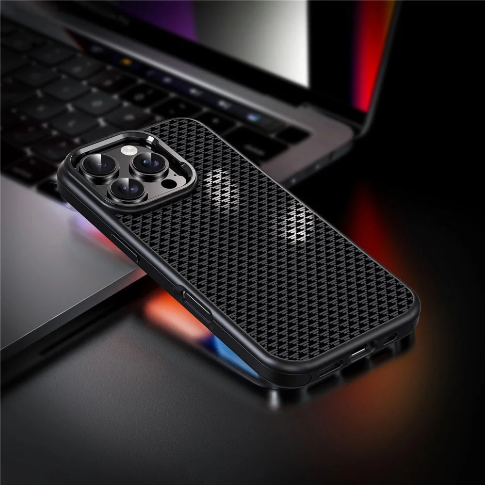 IPAKY For iPhone 16 Plus Case Carbon Fiber Texture PC + TPU Shockproof Phone Back Cover - Titanium Black - 2