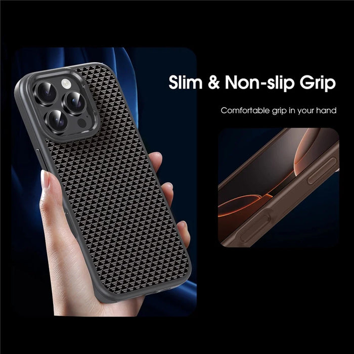 IPAKY For iPhone 16 Plus Case Carbon Fiber Texture PC + TPU Shockproof Phone Back Cover - Titanium Black - 7
