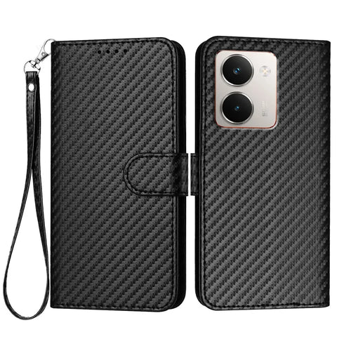 For Realme P3 Ultra 5G Wallet Case with Strap Carbon Fiber Texture Leather Mobile Cover - Black - 1
