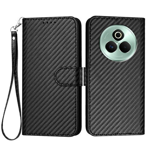 For Realme P3 Pro 5G Wallet Case with Strap Carbon Fiber Texture Leather Mobile Cover - Black - 1