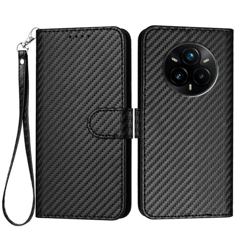 For Realme 14 Pro+ 5G Wallet Case with Strap Carbon Fiber Texture Leather Mobile Cover - Black - 1