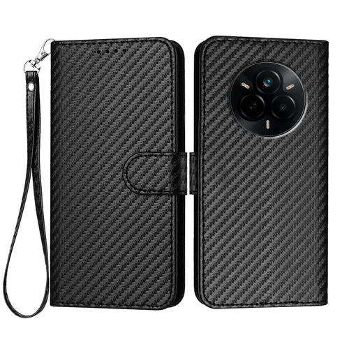 For Realme 14 Pro 5G Wallet Case with Strap Carbon Fiber Texture Leather Mobile Cover - Black - 1
