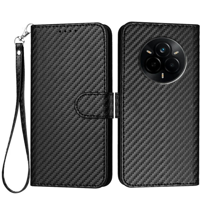 For Realme 14 Pro 5G Wallet Case with Strap Carbon Fiber Texture Leather Mobile Cover - Black - 1