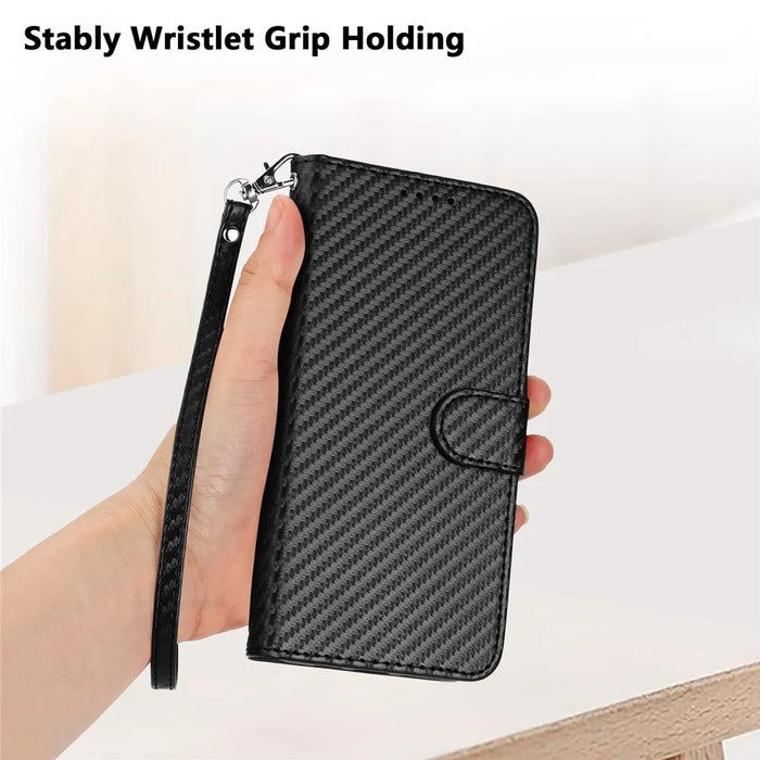 For Realme 14 Pro 5G Wallet Case with Strap Carbon Fiber Texture Leather Mobile Cover - Black - 6