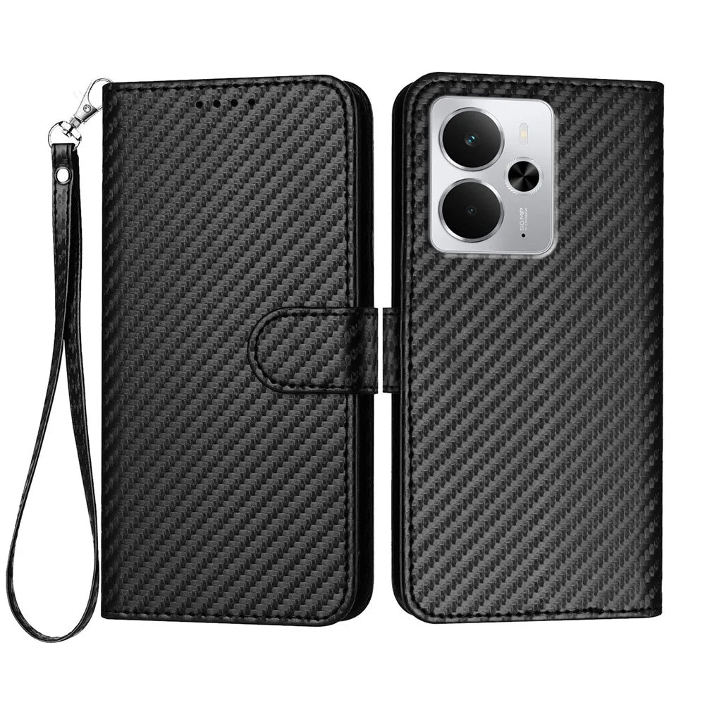 For Realme P3 5G / Realme Neo7x 5G / Realme 14 5G Wallet Case with Strap Carbon Fiber Texture Leather Mobile Cover - Black - 1