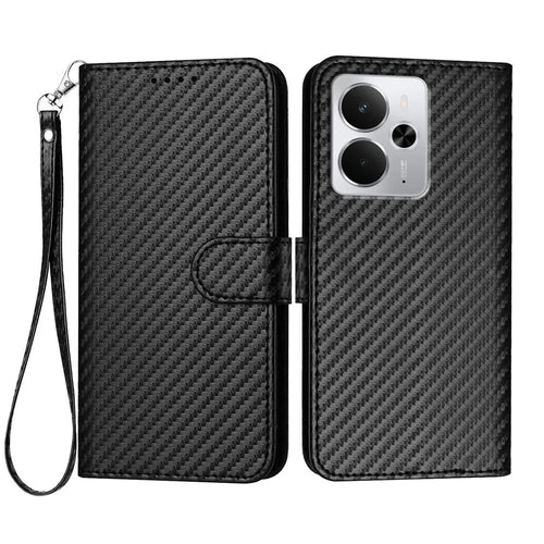 For Realme P3 5G / Realme Neo7x 5G / Realme 14 5G Wallet Case with Strap Carbon Fiber Texture Leather Mobile Cover - Black - 1