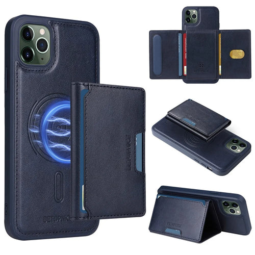 BETOPNICE For iPhone 11 Pro Max Magnetic Case  Leather Phone Cover Kickstand with Detachable Card Bag - Blue - 1