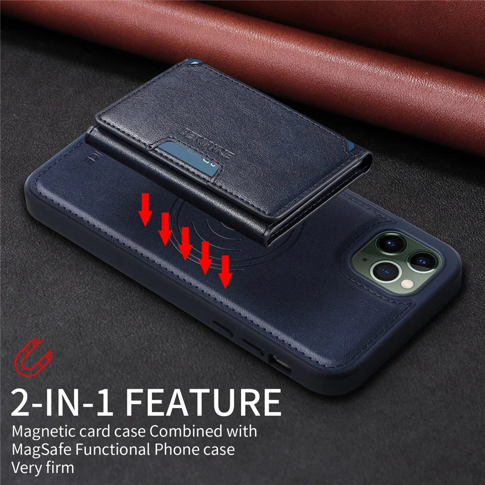 BETOPNICE For iPhone 11 Pro Max Magnetic Case  Leather Phone Cover Kickstand with Detachable Card Bag - Blue - 5