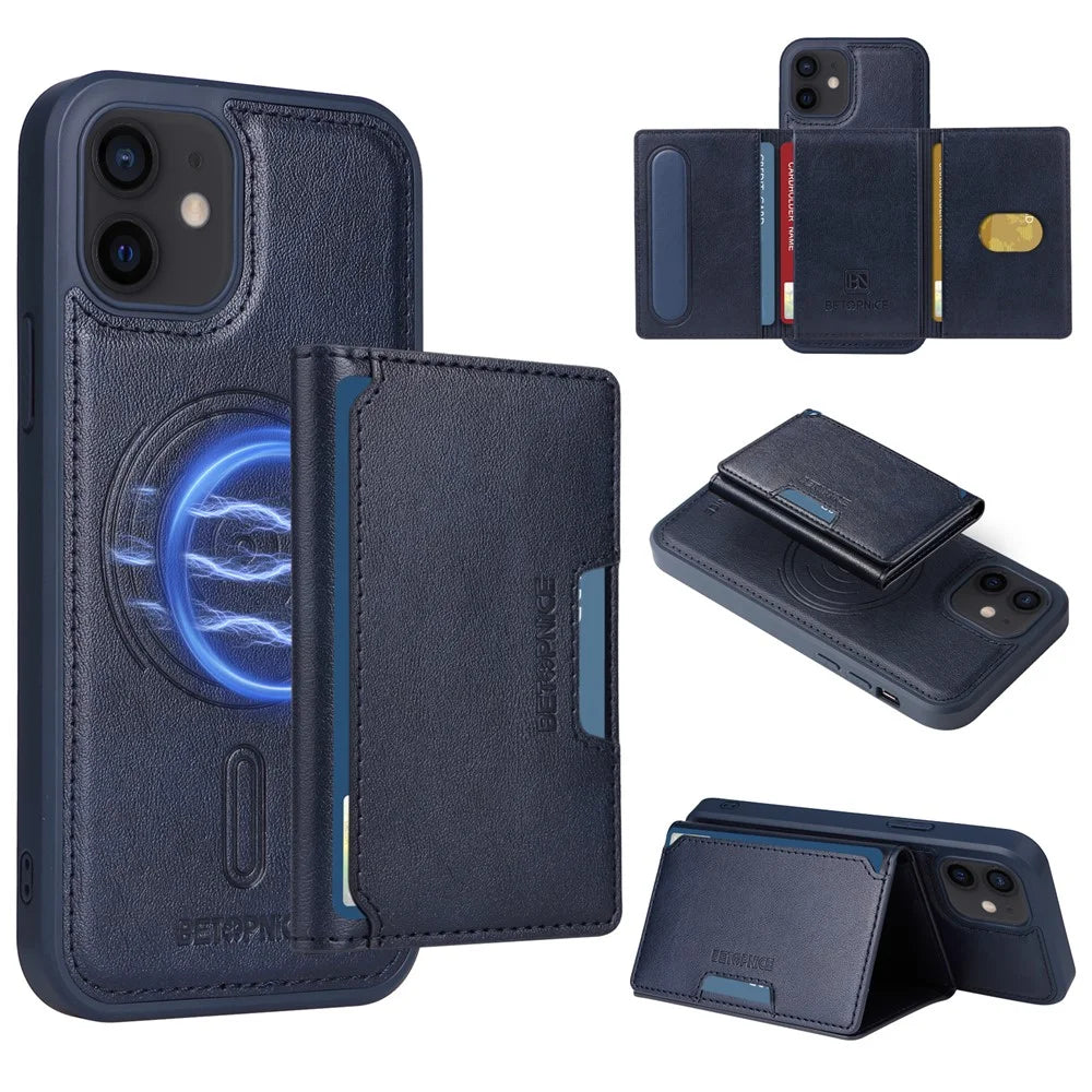 BETOPNICE For iPhone 12 Pro 6.1 inch / iPhone 12 6.1 inch Magnetic Case  Leather Phone Cover Kickstand with Detachable Card Bag - Blue - 1
