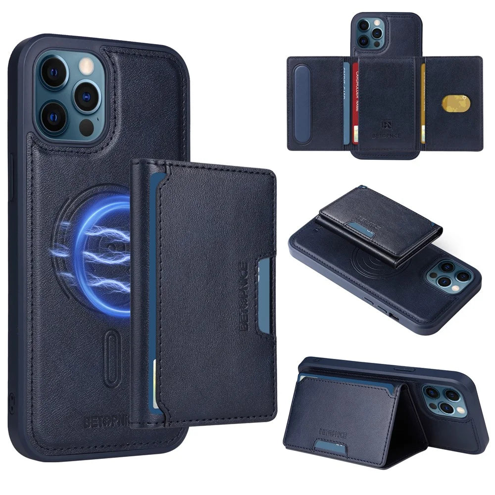 BETOPNICE For iPhone 12 Pro Max 6.7 inch Magnetic Case  Leather Phone Cover Kickstand with Detachable Card Bag - Blue - 1