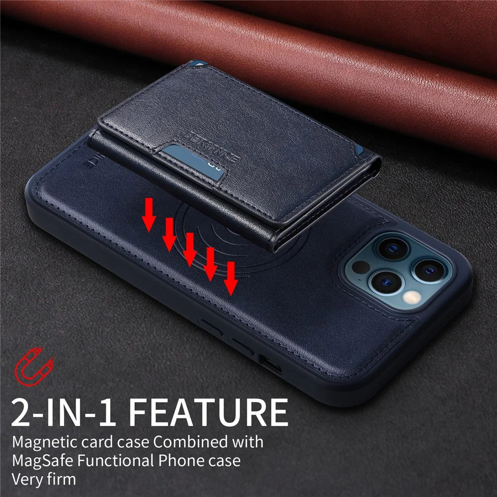 BETOPNICE For iPhone 12 Pro Max 6.7 inch Magnetic Case  Leather Phone Cover Kickstand with Detachable Card Bag - Blue - 5