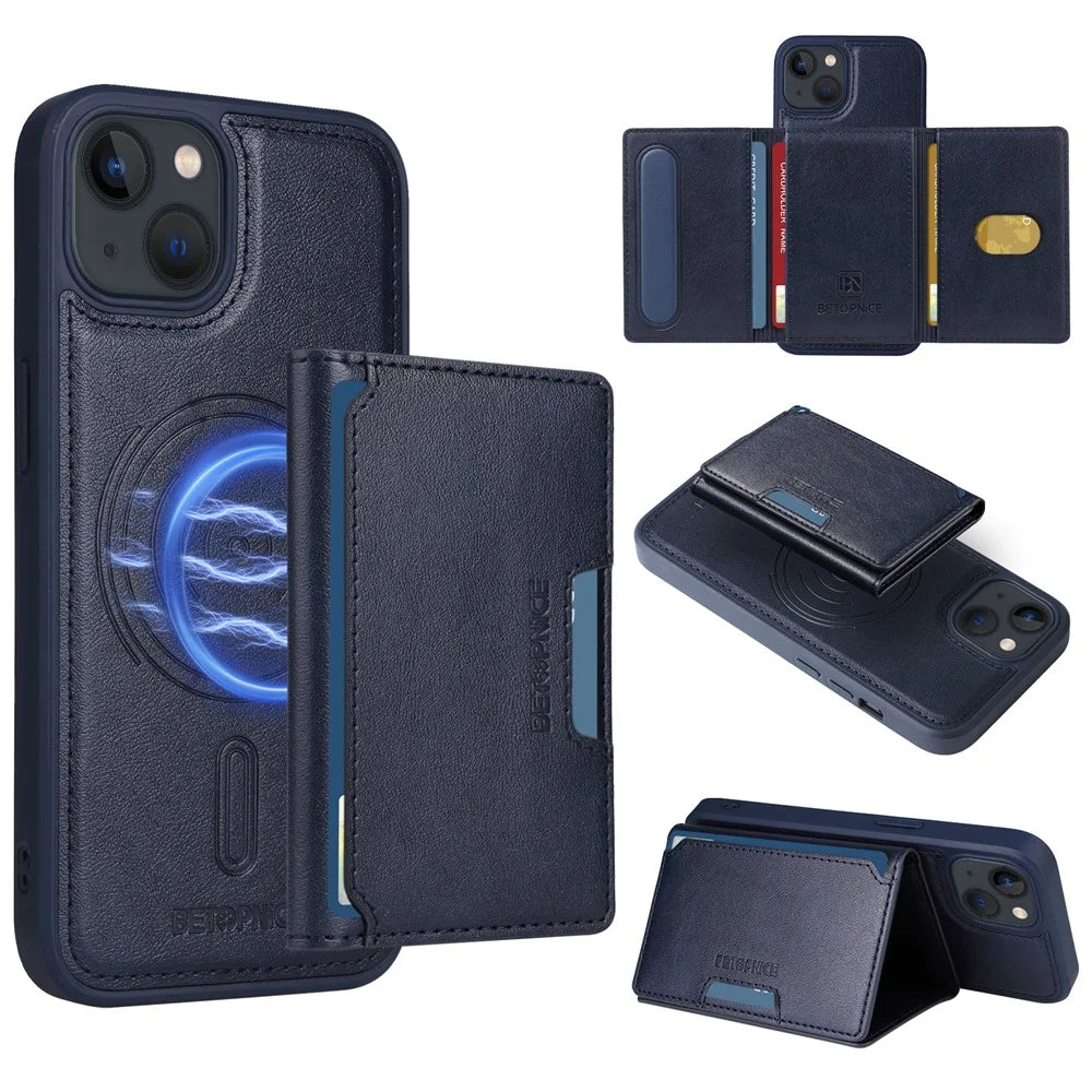 BETOPNICE For iPhone 14 / iPhone 13 6.1 inch Magnetic Case  Leather Phone Cover Kickstand with Detachable Card Bag - Blue - 1