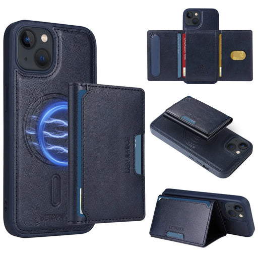 BETOPNICE For iPhone 14 / iPhone 13 6.1 inch Magnetic Case  Leather Phone Cover Kickstand with Detachable Card Bag - Blue - 1