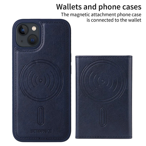 BETOPNICE For iPhone 14 / iPhone 13 6.1 inch Magnetic Case  Leather Phone Cover Kickstand with Detachable Card Bag - Blue - 2