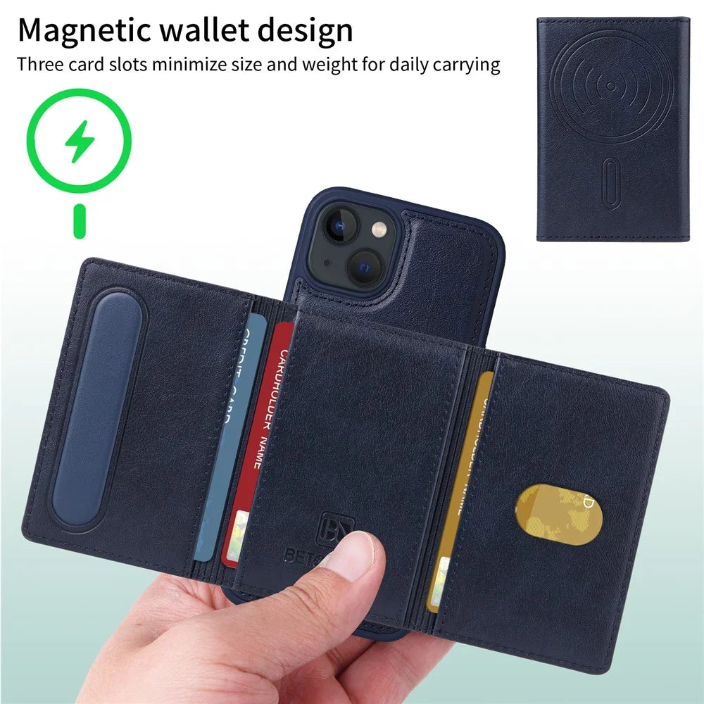 BETOPNICE For iPhone 14 / iPhone 13 6.1 inch Magnetic Case  Leather Phone Cover Kickstand with Detachable Card Bag - Blue - 3