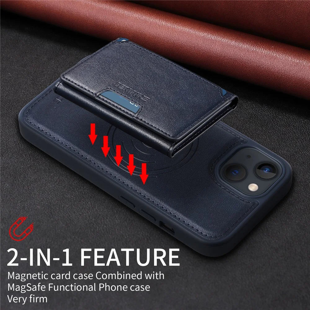 BETOPNICE For iPhone 14 / iPhone 13 6.1 inch Magnetic Case  Leather Phone Cover Kickstand with Detachable Card Bag - Blue - 5