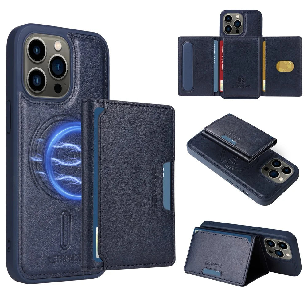 BETOPNICE For iPhone 13 Pro 6.1 inch Magnetic Case  Leather Phone Cover Kickstand with Detachable Card Bag - Blue - 1