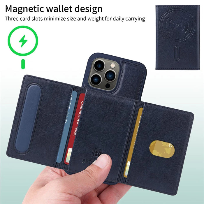 BETOPNICE For iPhone 13 Pro 6.1 inch Magnetic Case  Leather Phone Cover Kickstand with Detachable Card Bag - Blue - 3