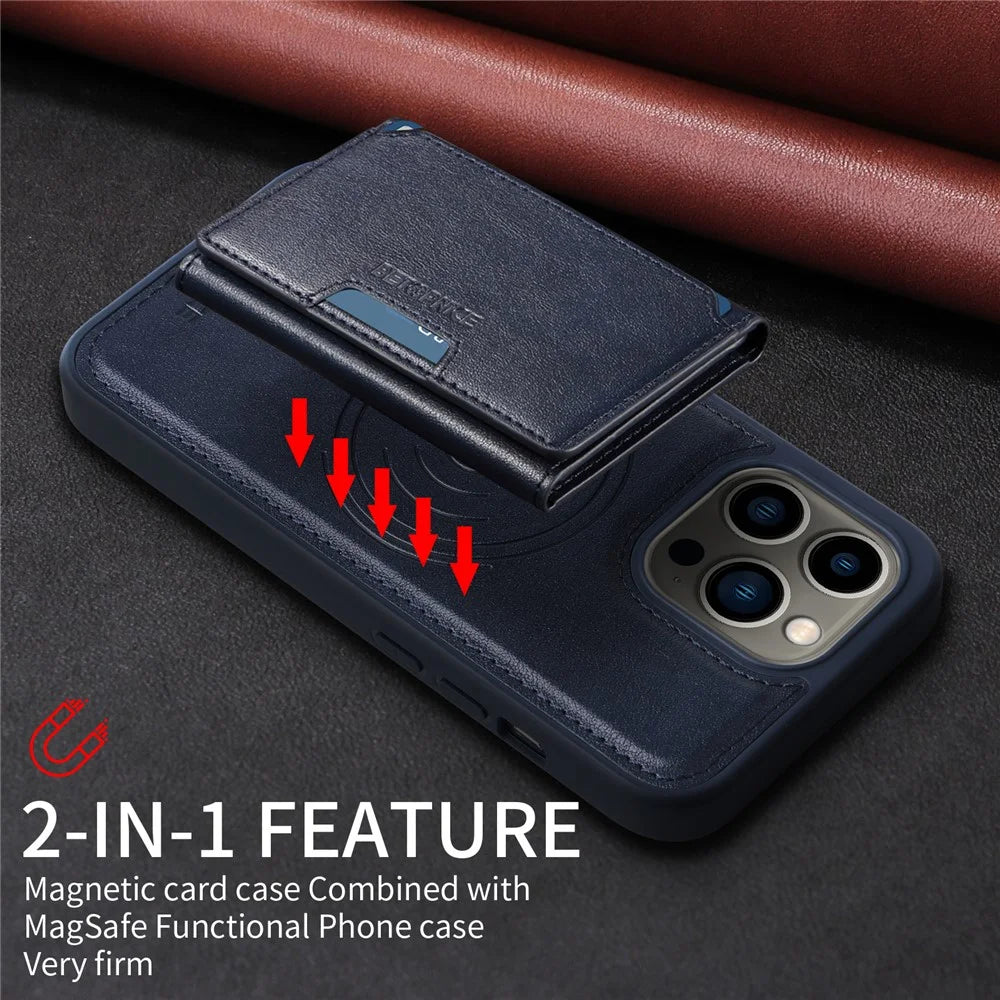 BETOPNICE For iPhone 13 Pro 6.1 inch Magnetic Case  Leather Phone Cover Kickstand with Detachable Card Bag - Blue - 5