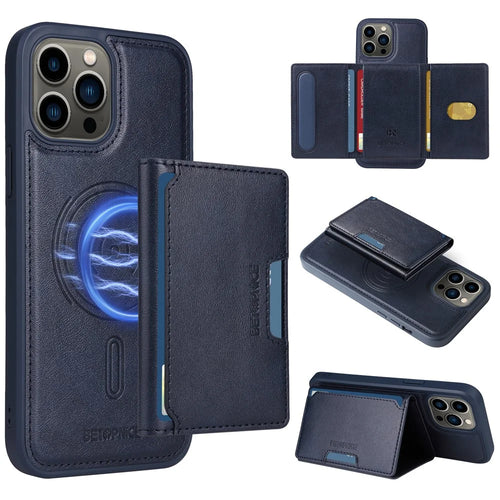 BETOPNICE For iPhone 13 Pro Max 6.7 inch Magnetic Case  Leather Phone Cover Kickstand with Detachable Card Bag - Blue - 1