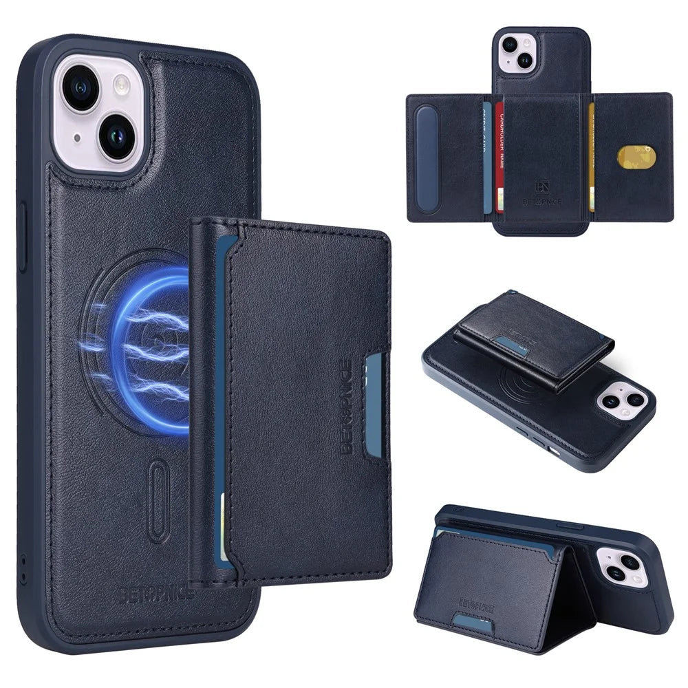 BETOPNICE For iPhone 14 Plus Magnetic Case  Leather Phone Cover Kickstand with Detachable Card Bag - Blue - 1