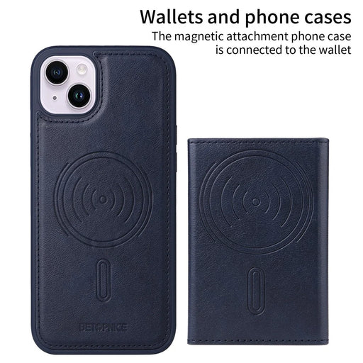 BETOPNICE For iPhone 14 Plus Magnetic Case  Leather Phone Cover Kickstand with Detachable Card Bag - Blue - 2