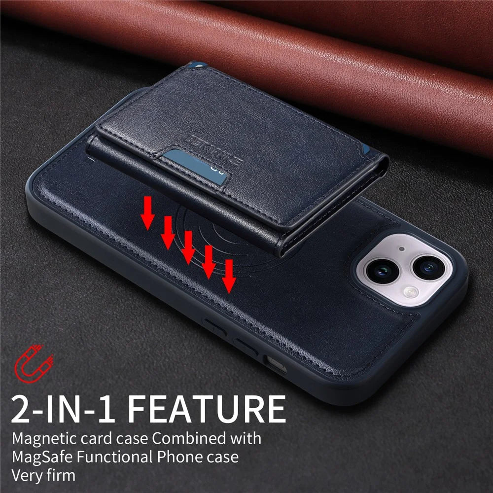 BETOPNICE For iPhone 14 Plus Magnetic Case  Leather Phone Cover Kickstand with Detachable Card Bag - Blue - 5