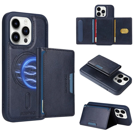 BETOPNICE For iPhone 14 Pro Magnetic Case  Leather Phone Cover Kickstand with Detachable Card Bag - Blue - 1