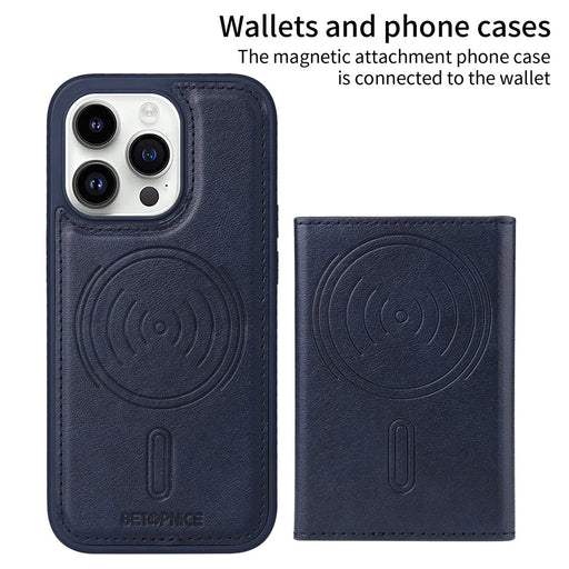 BETOPNICE For iPhone 14 Pro Magnetic Case  Leather Phone Cover Kickstand with Detachable Card Bag - Blue - 2
