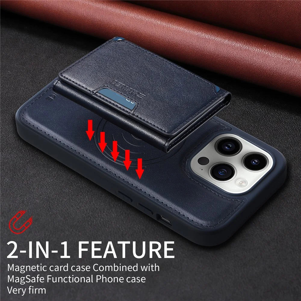 BETOPNICE For iPhone 14 Pro Magnetic Case  Leather Phone Cover Kickstand with Detachable Card Bag - Blue - 5