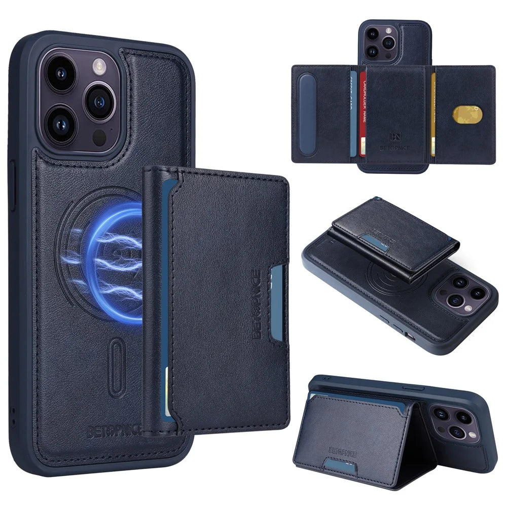 BETOPNICE For iPhone 14 Pro Max Magnetic Case  Leather Phone Cover Kickstand with Detachable Card Bag - Blue - 1
