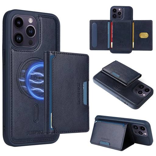 BETOPNICE For iPhone 14 Pro Max Magnetic Case  Leather Phone Cover Kickstand with Detachable Card Bag - Blue - 1