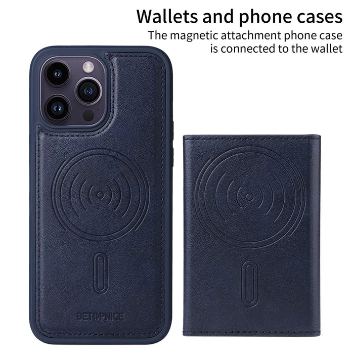 BETOPNICE For iPhone 14 Pro Max Magnetic Case  Leather Phone Cover Kickstand with Detachable Card Bag - Blue - 2