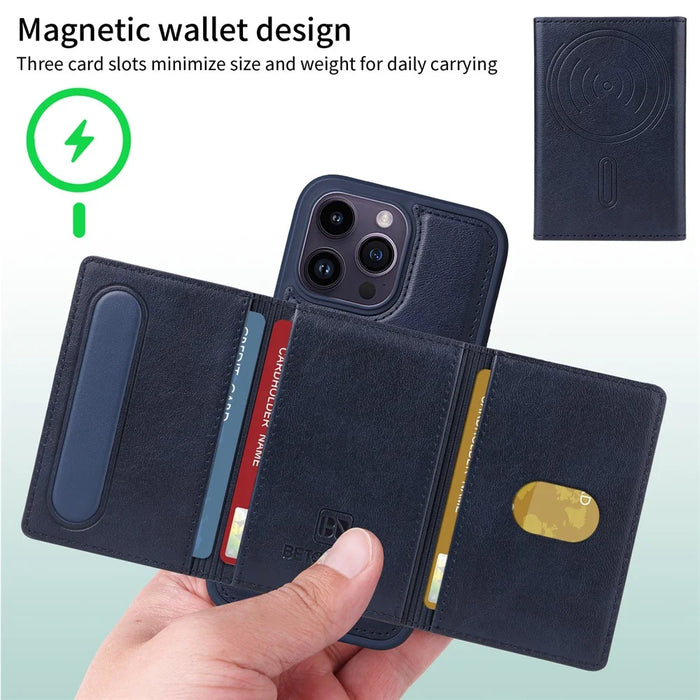 BETOPNICE For iPhone 14 Pro Max Magnetic Case  Leather Phone Cover Kickstand with Detachable Card Bag - Blue - 3