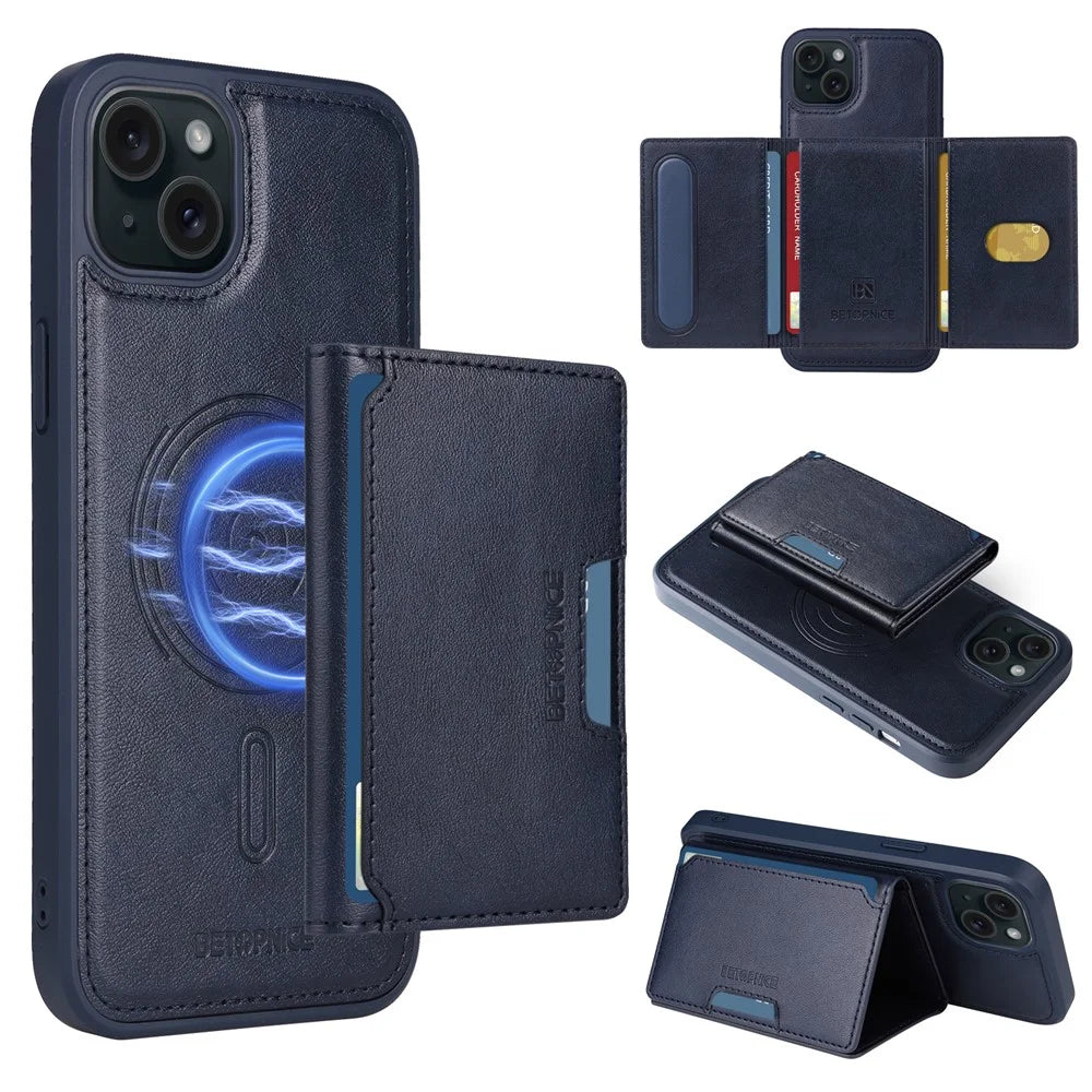BETOPNICE For iPhone 15 Plus Magnetic Case  Leather Phone Cover Kickstand with Detachable Card Bag - Blue - 1