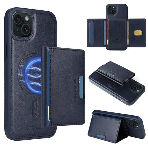 BETOPNICE For iPhone 15 Plus Magnetic Case  Leather Phone Cover Kickstand with Detachable Card Bag - Blue - 1