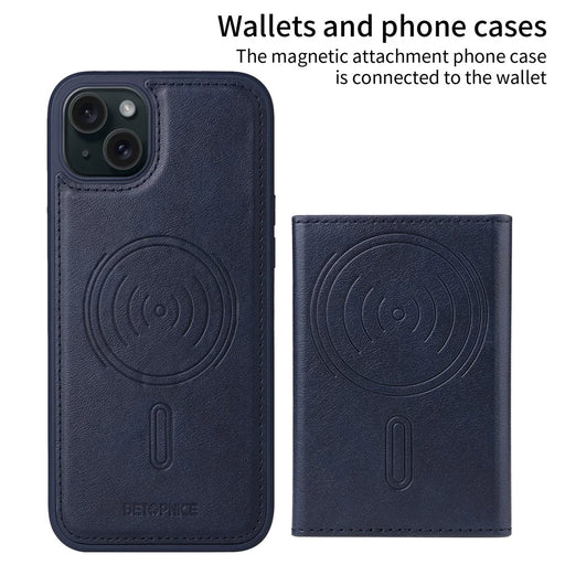 BETOPNICE For iPhone 15 Plus Magnetic Case  Leather Phone Cover Kickstand with Detachable Card Bag - Blue - 2