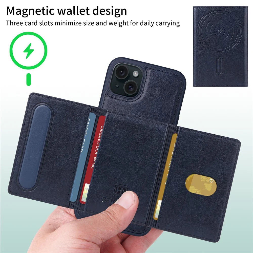 BETOPNICE For iPhone 15 Plus Magnetic Case  Leather Phone Cover Kickstand with Detachable Card Bag - Blue - 3