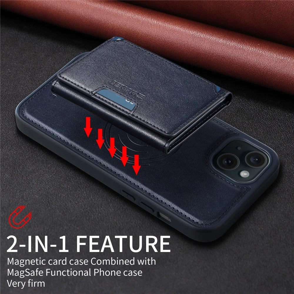 BETOPNICE For iPhone 15 Plus Magnetic Case  Leather Phone Cover Kickstand with Detachable Card Bag - Blue - 5