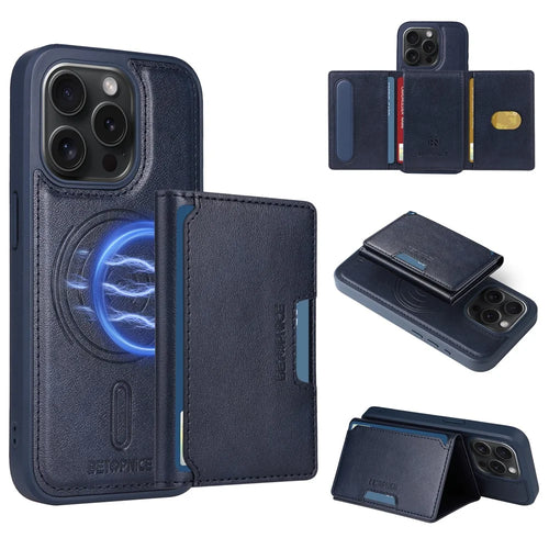 BETOPNICE For iPhone 15 Pro Magnetic Case  Leather Phone Cover Kickstand with Detachable Card Bag - Blue - 1
