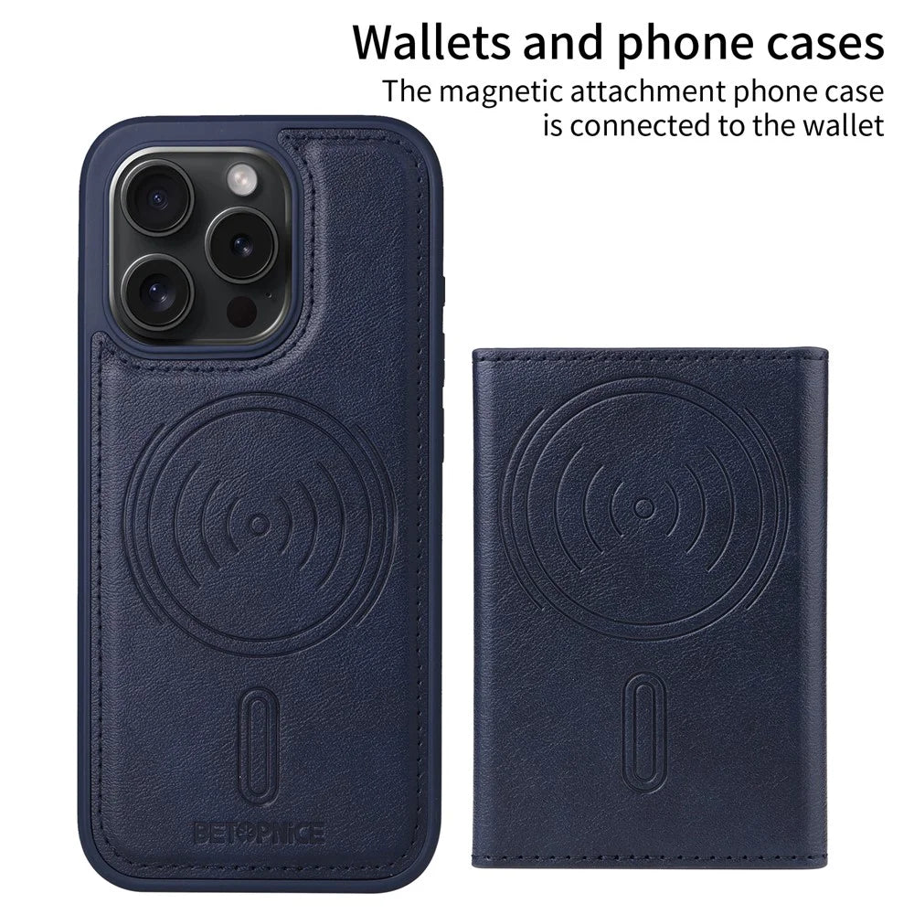 BETOPNICE For iPhone 15 Pro Magnetic Case  Leather Phone Cover Kickstand with Detachable Card Bag - Blue - 2