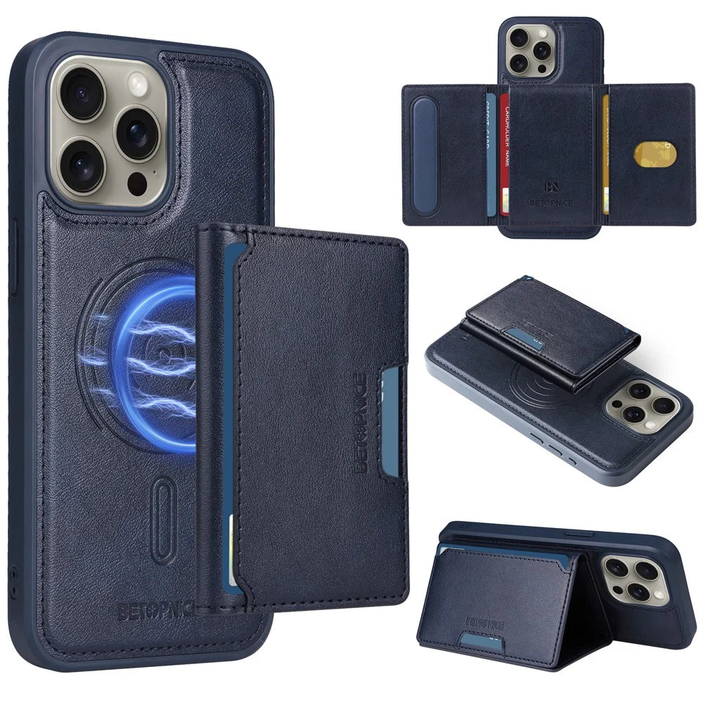 BETOPNICE For iPhone 15 Pro Max Magnetic Case  Leather Phone Cover Kickstand with Detachable Card Bag - Blue - 1