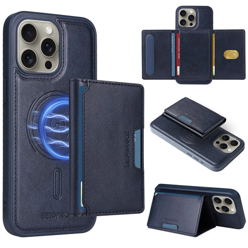 BETOPNICE For iPhone 15 Pro Max Magnetic Case  Leather Phone Cover Kickstand with Detachable Card Bag - Blue - 1