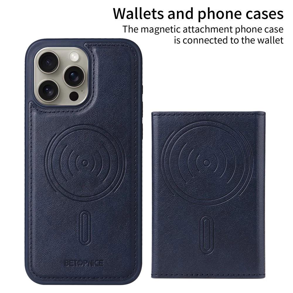 BETOPNICE For iPhone 15 Pro Max Magnetic Case  Leather Phone Cover Kickstand with Detachable Card Bag - Blue - 2