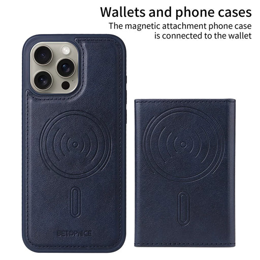 BETOPNICE For iPhone 15 Pro Max Magnetic Case  Leather Phone Cover Kickstand with Detachable Card Bag - Blue - 2